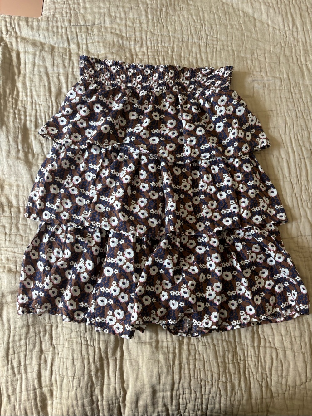 Floral Tiered Ruffle Skirt - Brown & White